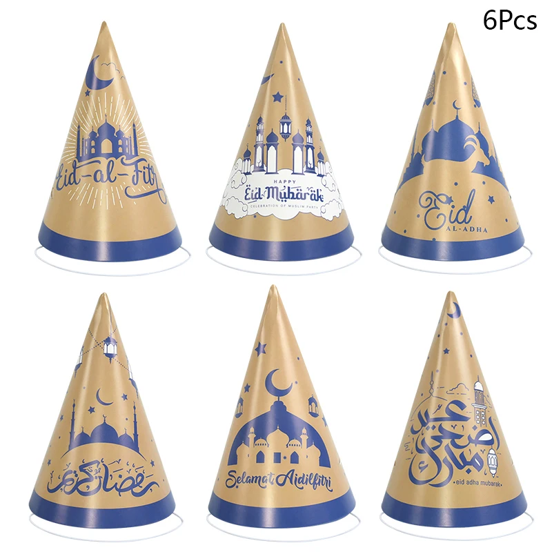 

6pcs Eid Mubarak Party 3D Paper Hats Ramadan Kareem Decoration Islamic Muslim Supplies Eid al Fitr Party Photo Props