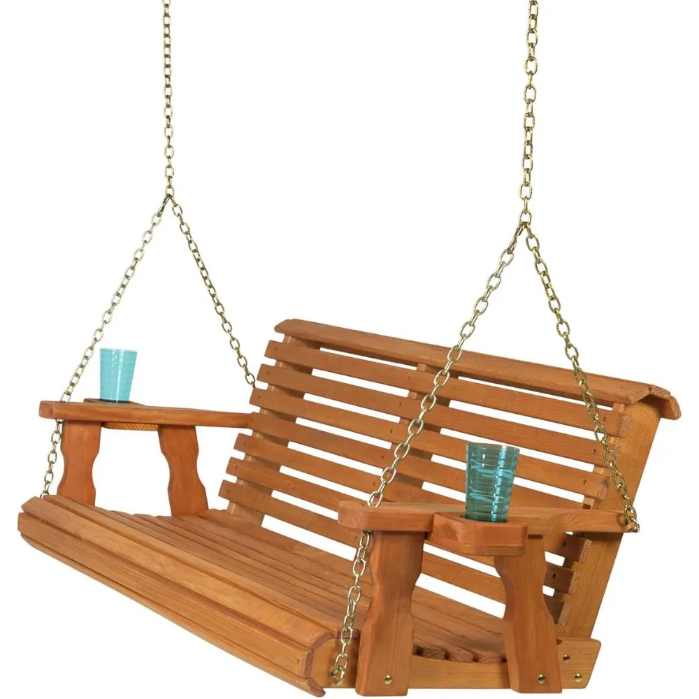 4 Foot Roll Back Porch Swing with Cup Holders in Cedar Stain - Amish Made in The USA from Treated Pine Heavy Duty 700 Lb. Weight