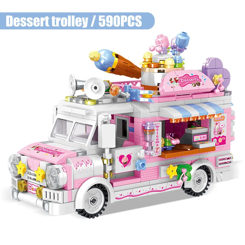 Street View Educational City Friends Ice Cream Truck Dining Car Mini Building Blocks Model Bricks Toys For Kids Girl Gifts