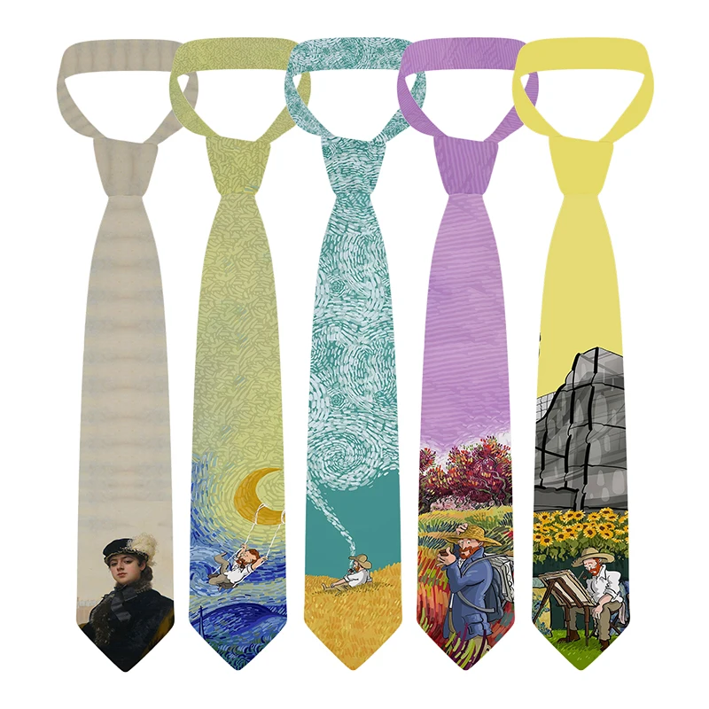 Van Gogh oil painting fashion tie 8 cm wide polyester tie pastoral sailing cat tie casual party wedding shirt accessories unisex