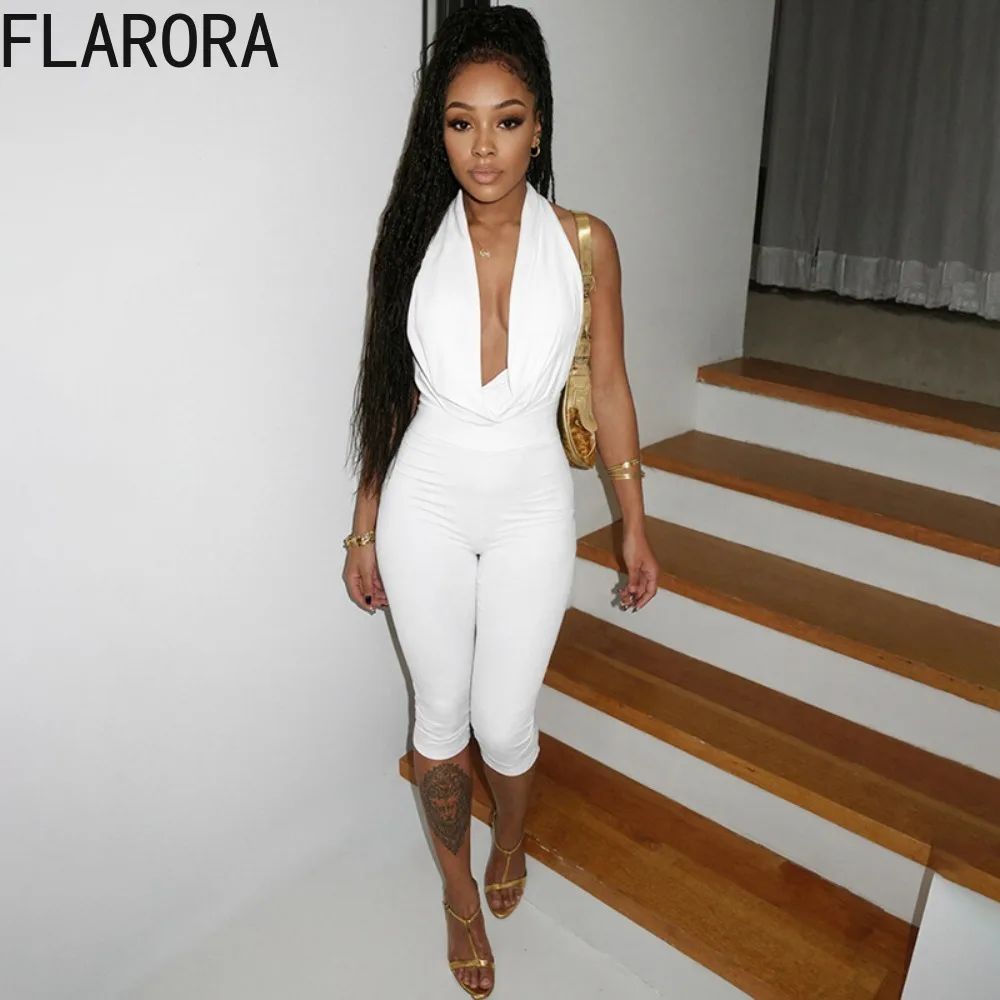 

Сексуальный комбинезон FLARORA с завязками на шее, глубоким V-образным вырезом, без рукавов, с открытой спиной, облегающий, элегантный, однотонный, для вечеринок и клубов