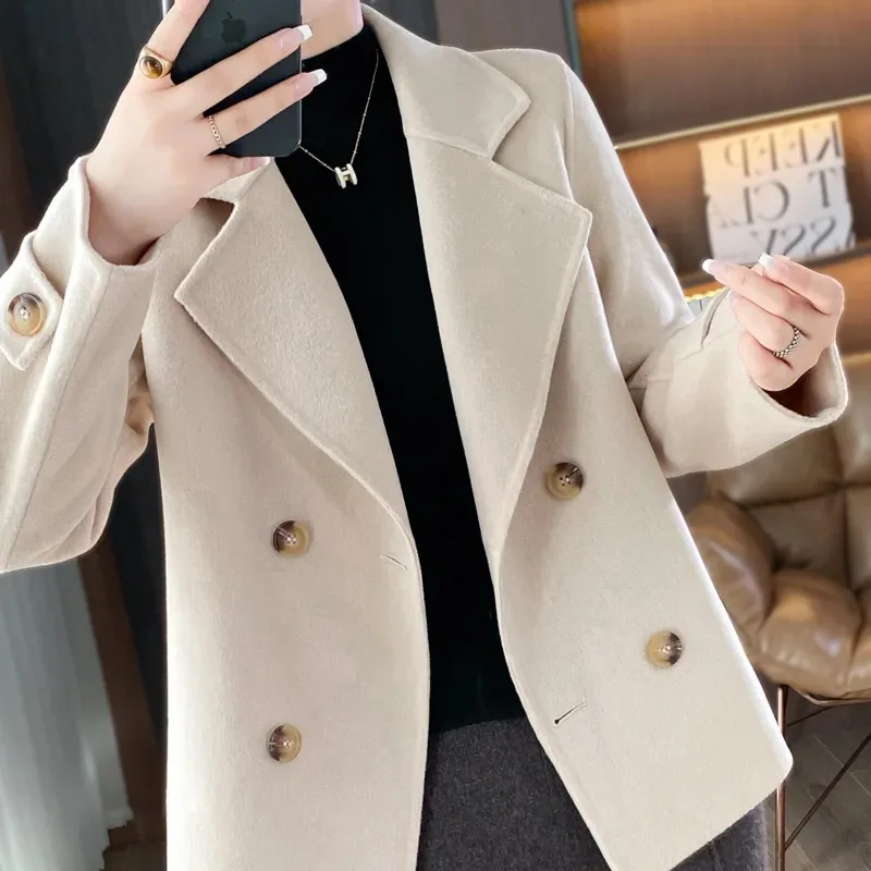 

Korean Style Double Faced Woolen Coat for Women Autumn Winter Plus Size Short Casual Outerwear Pure Color Polyester Fashion