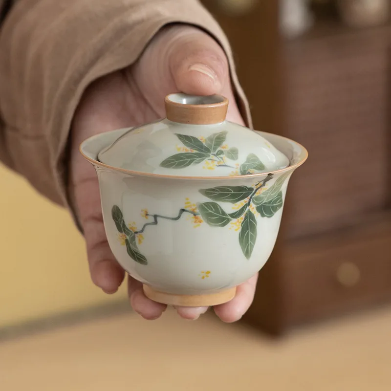 Ice Table Hand-painted Osmanthus Three Cover Bowl Pot Tea Brewing Anti-scalding New Chinese Ceramic Tea Bowl Single