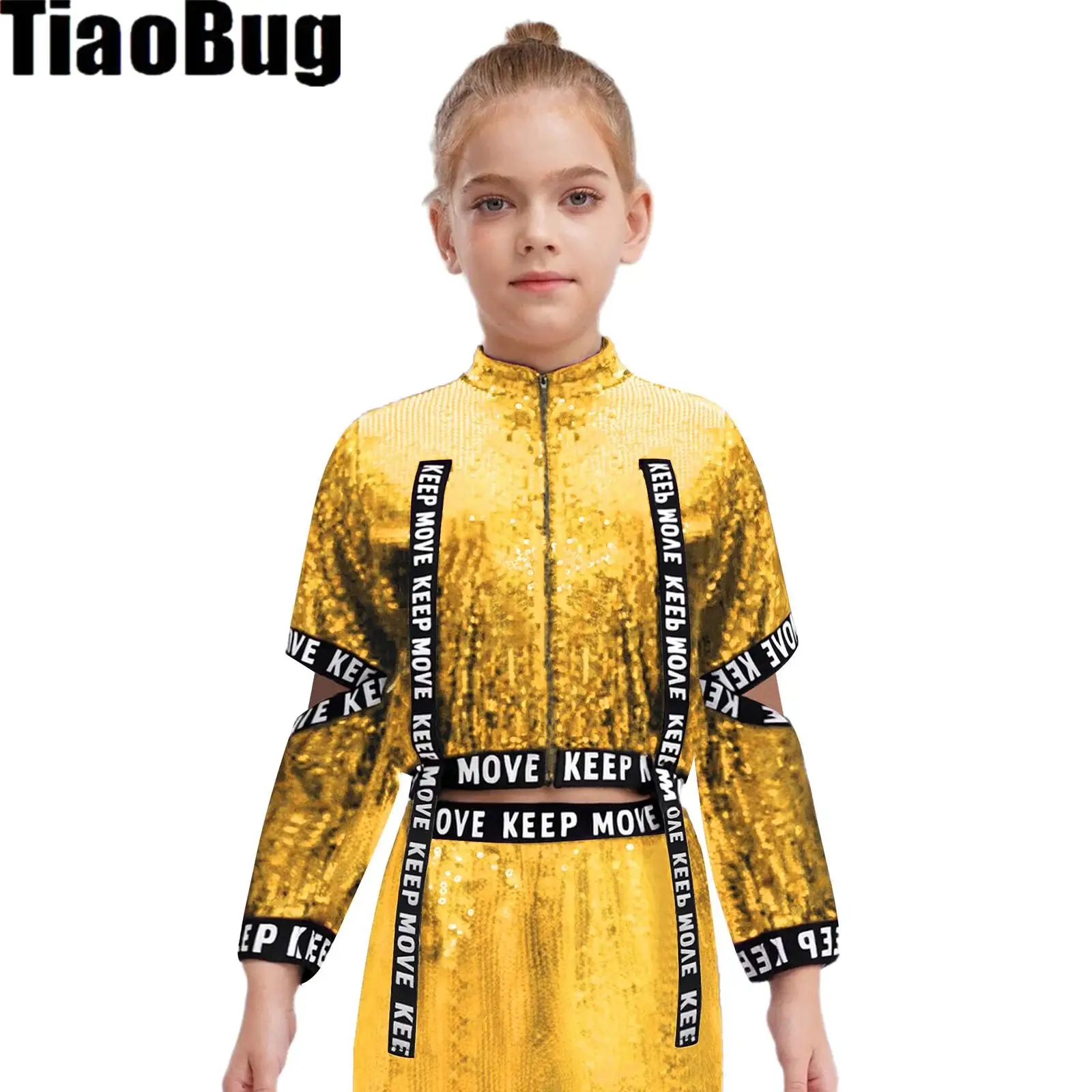 

Kids Girls Dance Jacket Hip-Hop Jazz Stage Performance Costume Cutout Sleeves Letter Printed Elastic Bands Sequins Coats