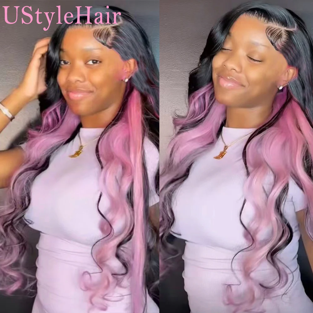 UStyleHair czarny różowy peruka Body Wave naturalną linią włosów syntetyczna koronka peruki z przodu dla kobiet żaroodporna różowa peruka z pasemkami