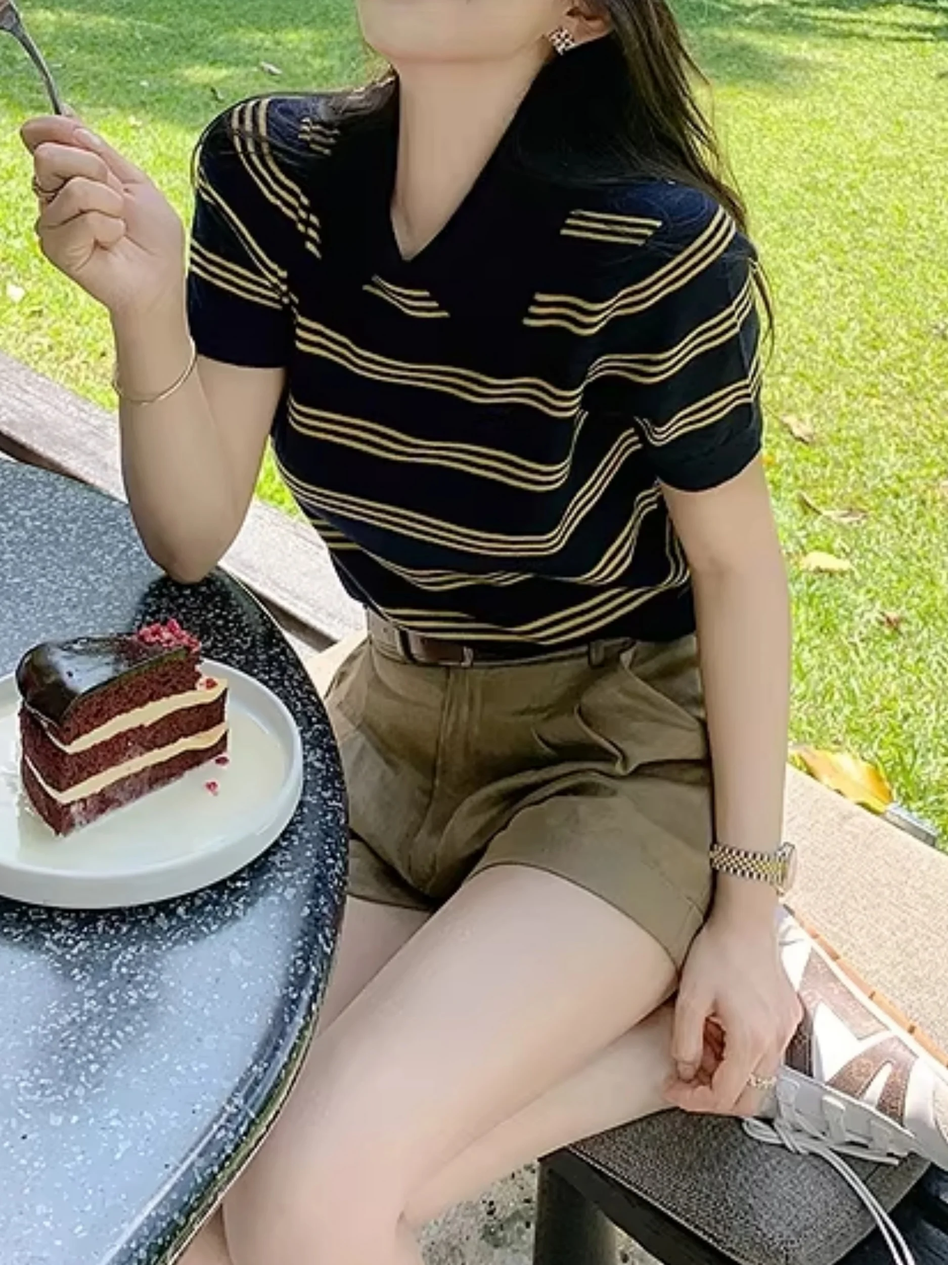 Summer Women's  Neck Short Sleeve T-Shirt Stripe Pattern Knitted High-End Feeling Regular Fit Commute Style Light Weight