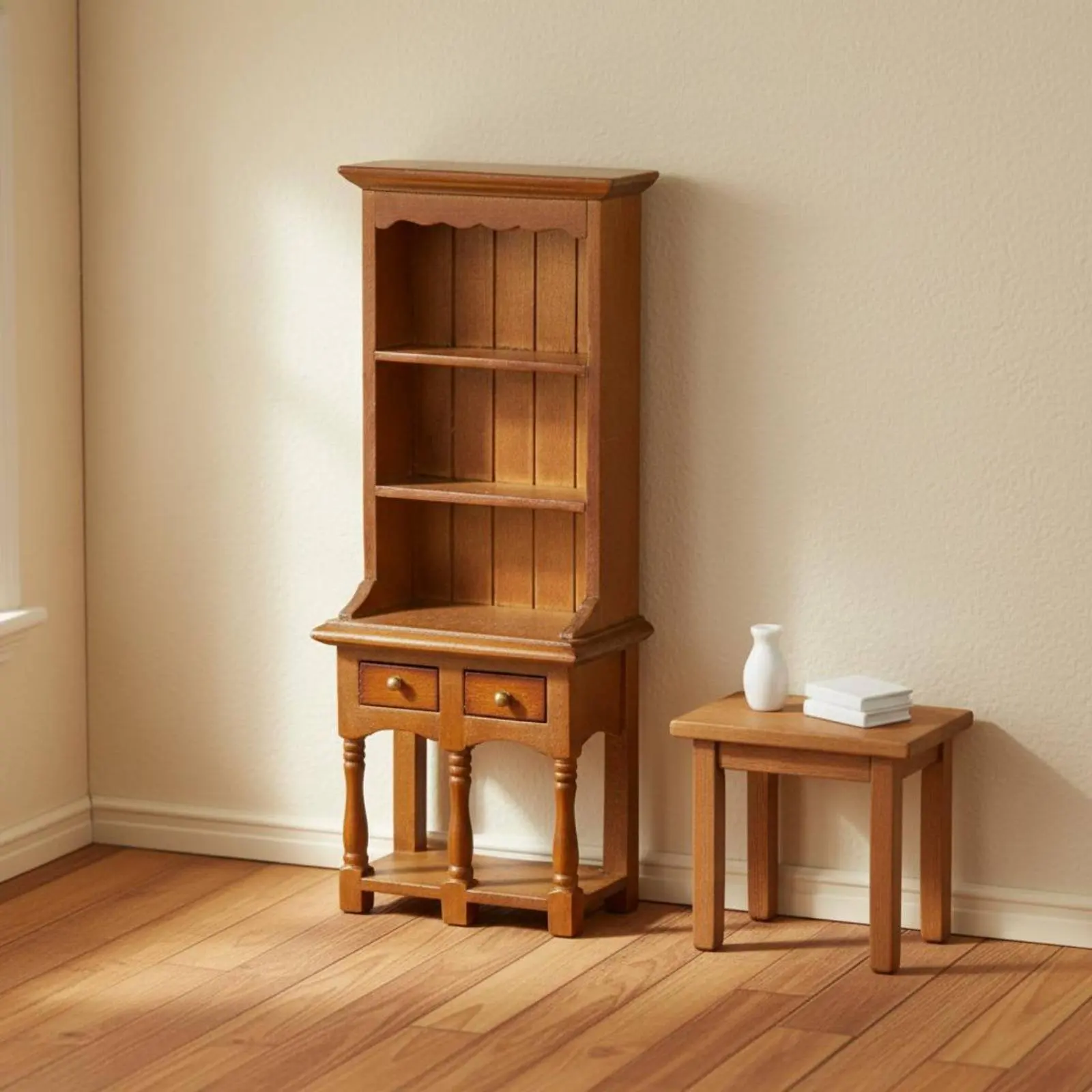 Bild 7: Puppenhaus-Bücherregal mit Doppelschublade, Miniatur-Bücherregal im Maßstab 1:12, Kompakte Größe