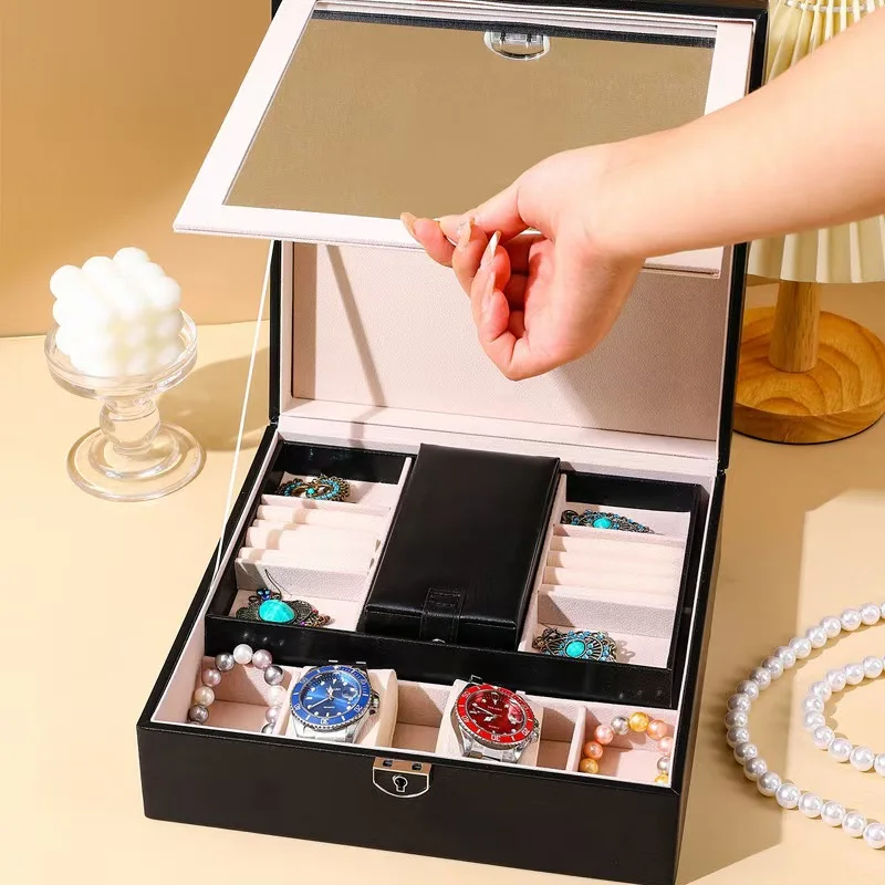 Separable makeup mirror with portable small jewelry box household simple large capacity necklace jewelry storage box