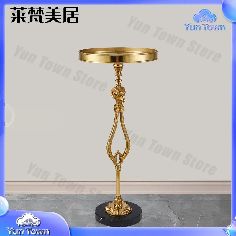 Laifan Mercure French Retro Light Luxury All-Copper Sheep Head Leisure Balcony Tea Table with Art Glass Edge Corner for Home