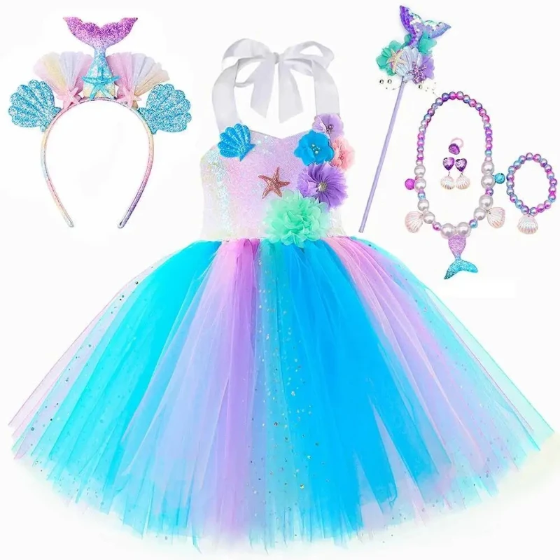 Christmas Ballet Tutus Costume Girls Seamaid Outfit with Fish Tail Bow Necklace for Kids Sparkly Flower Mermaid Birthday Dress