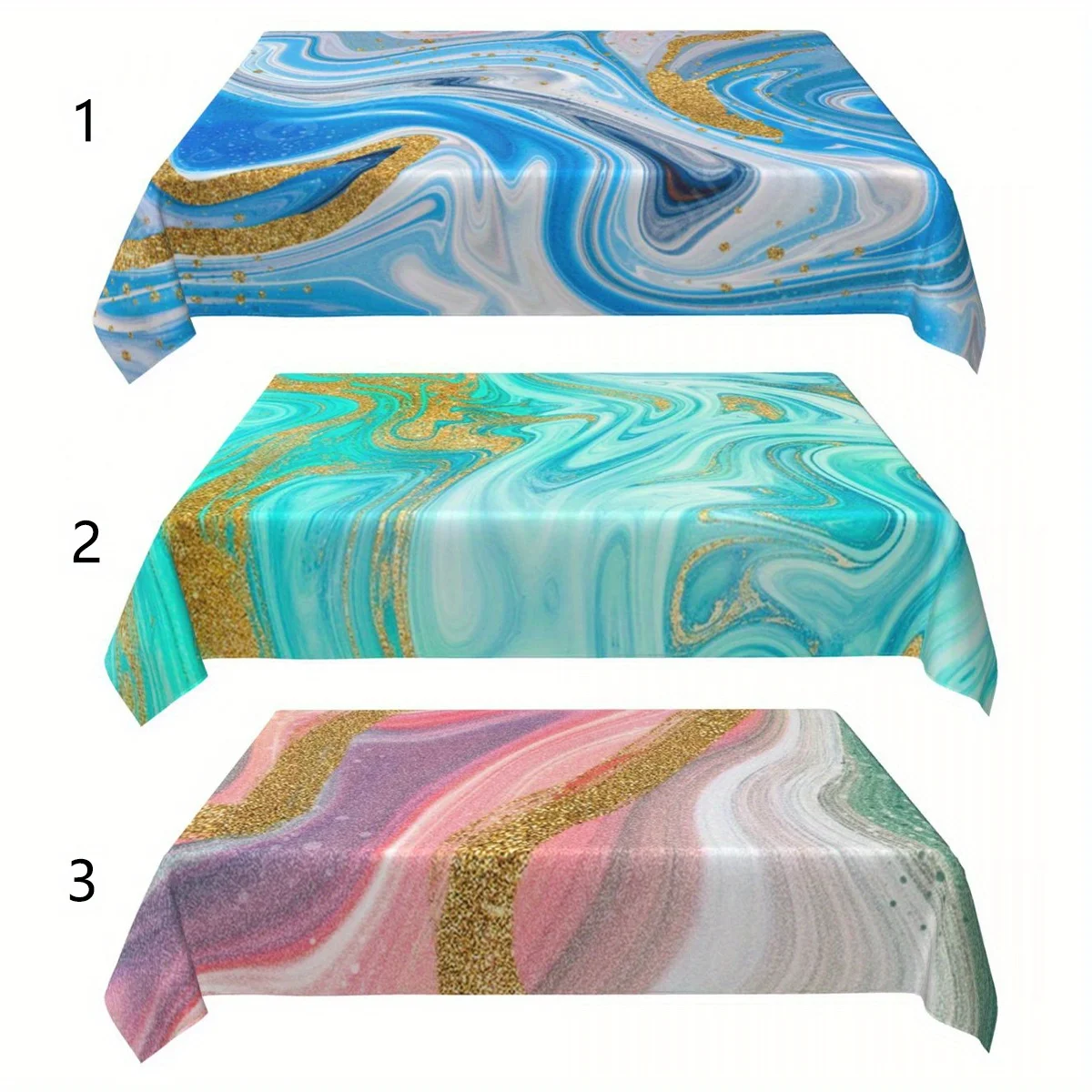 One rectangular tablecloth for a marble-patterned kitchen table, with a colorful gold-plated marble tabletop runner.