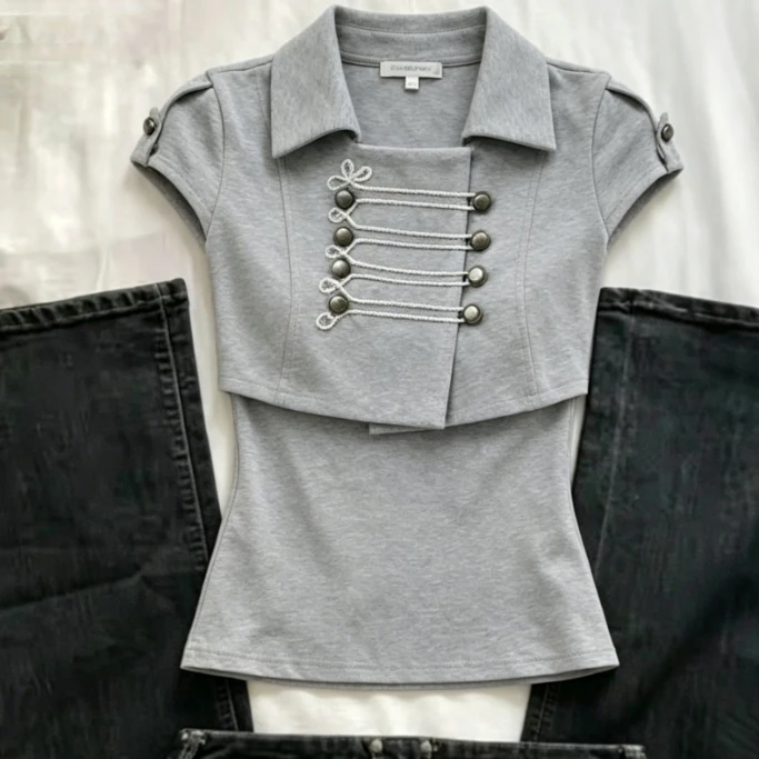 2026 Neue Sommer Harajuku Y2k Ästhetik Grunge Slim Fit Grunge Weste Streetwear Damen Sommer-Anzug Vintage Kurzarm-T-Shirts Casual