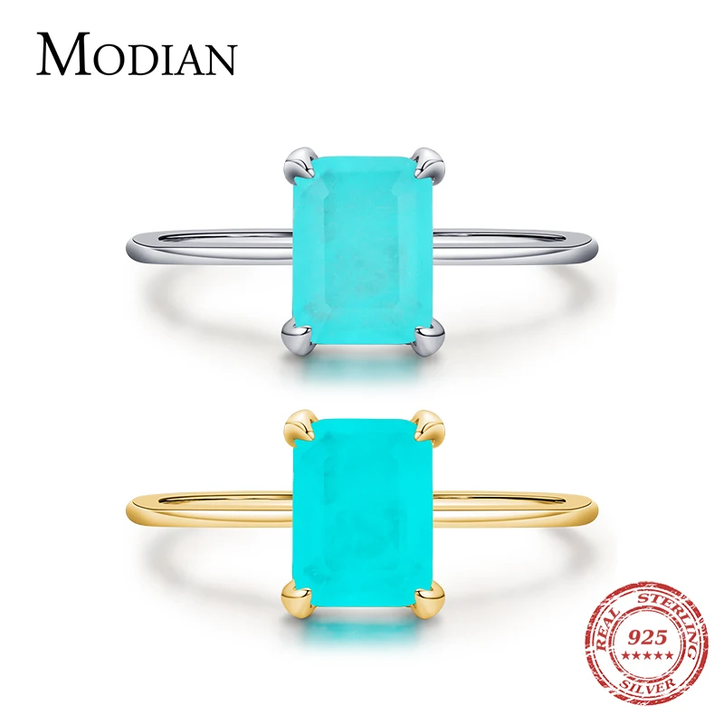 Modian Authentic 925 Sterling Silver Classic Rectangle Tourmaline Paraiba Female Finger Ring For Women Charm Fine Jewelry Anillo