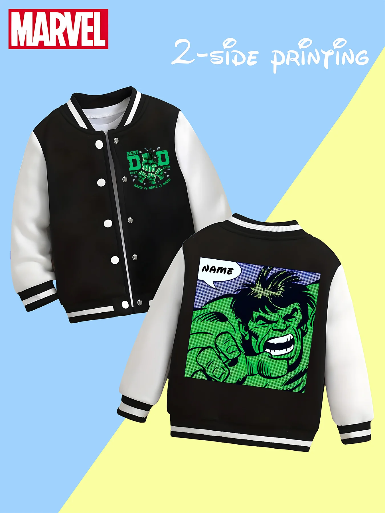 

MINISO Marvel boys' baseball jacket - Hulk "Best Dad" themed print, double-sided to convey fun and warmth, suitable for parent-c