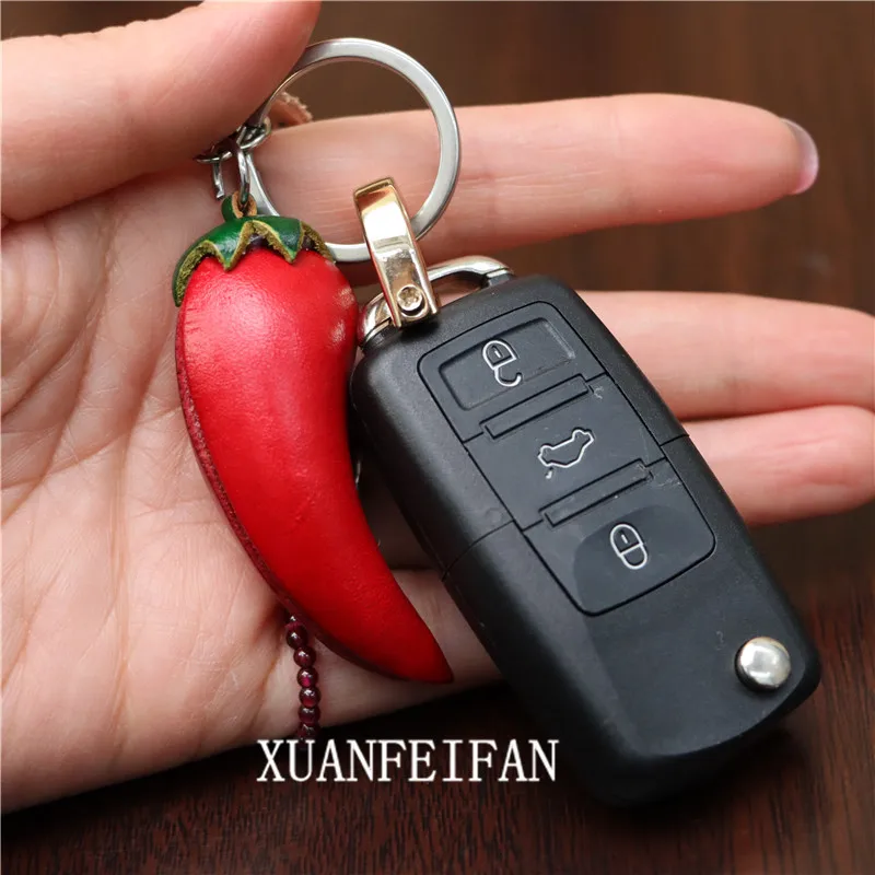 Creative Head Layer Cowhide Small Red Pepper Pendant Bag Charm Accessories Vegetables Car Keychain Cute Birthday Gift