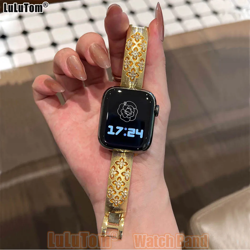 Cinturino con diamanti di lusso per cinturino Apple Watch da donna 38-49 mm serie iWatch 10 9 8 7 6 5 4 3 SE Ultra, design di gioielli floreali