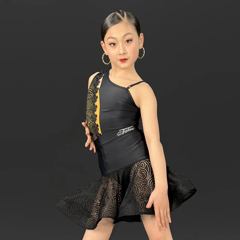 New Girls Summer Latin Dance Dress Oblique Shoulder Black Lace Performance Dress Kids Cha Cha Dance Practice Clothing DNV19874