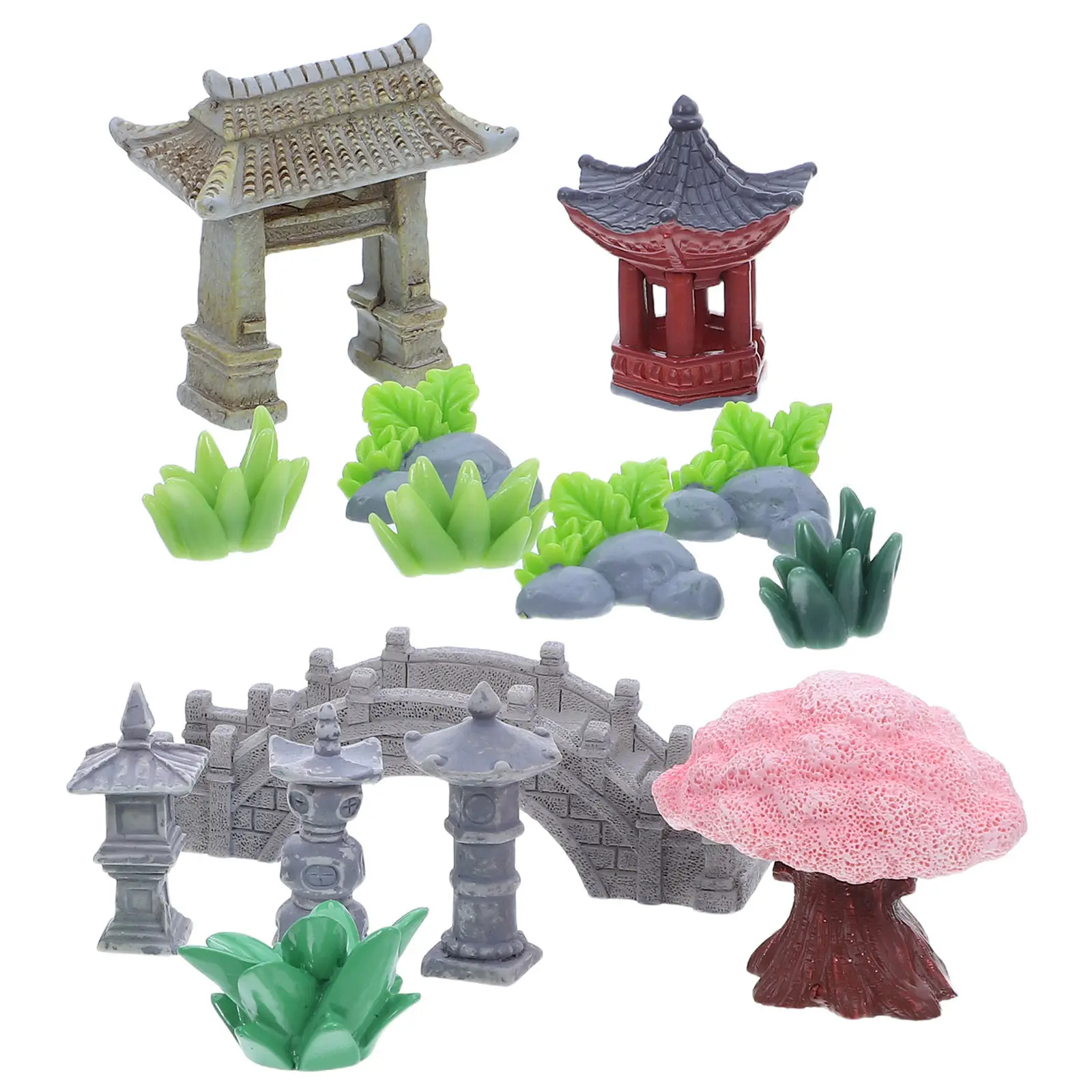 1Set Resin Miniature Landscape Decoration Realistic Stone Bridge Pavilion Bonsai Garden Fish Tank Indoor Desk Decor Micro