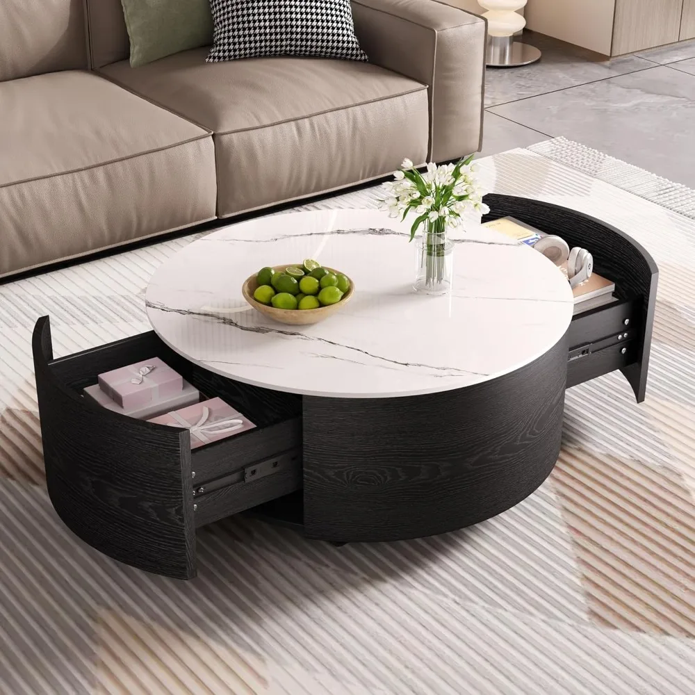 

29.5 Round Coffee Table with 2 Storage Drawers, Modern Coffee Table with Sintered Stone Top & Smooth-Moving Casters, Luxury Flut