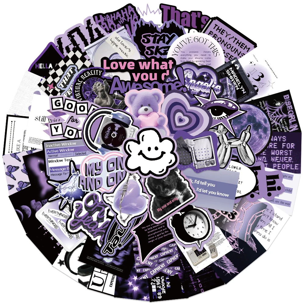 60pcs Ins Style Black Purple Aesthetic Stickers Water Bottle Cartoon Stickers Laptop Luggage Guitar Waterproof Vinyl Car Decals