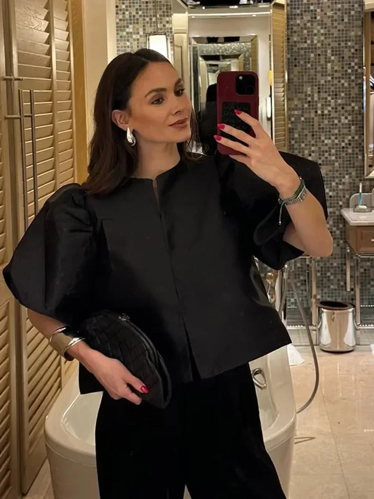 Women's Round Neck Satin Short Blouse Spring 2025