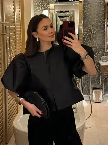 Round Neck Satin Solid Short Blouse For Women Elegant Button Puff Short Sleeve New Fashion Shirt Chic Lady Street Shirts 2026