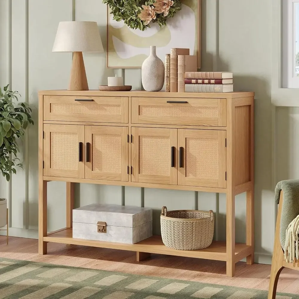 Large Storage Entryway Console Table, Rattan Cabinet Sofa Side Table, Versatile Living Room, Hallway Furniture, Natural Wood Ton view 6