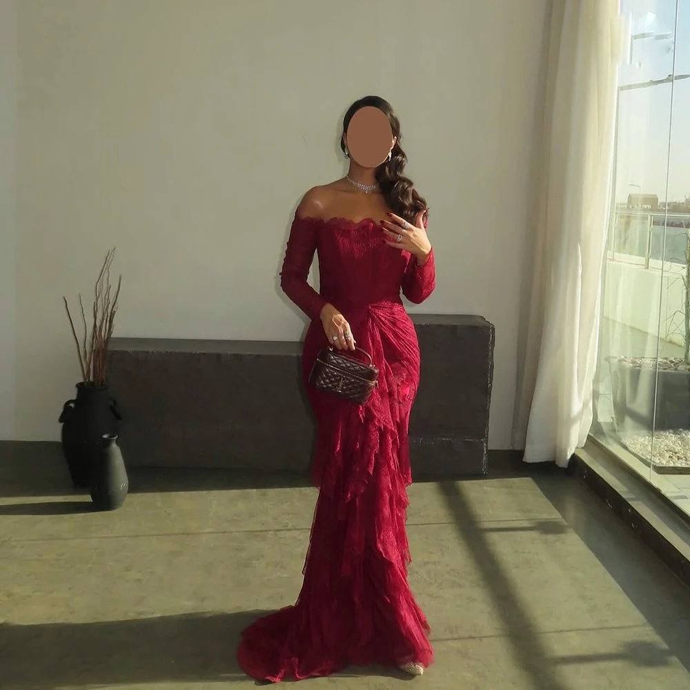Personalizado barco pescoço renda vermelha luxo chão vestido de noite ruched ilusão mangas completas vestido de festa sereia até o chão vestido de baile