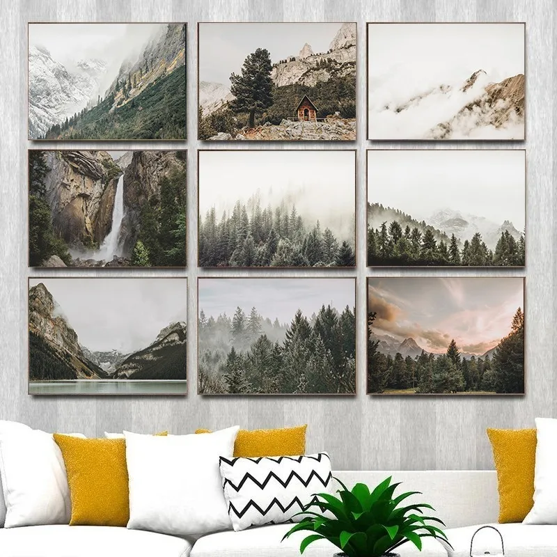 Foggy Nature Forest Mountain Tree Sunset Snow Landsacpe Poster Canvas Printing Decor Living Room Bedroom Wall Art Home Decor