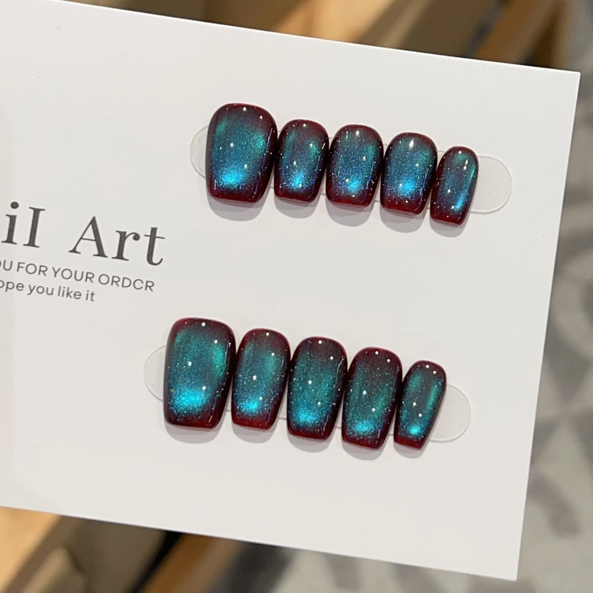 10 pièces paillettes bleu œil de chat dégradé à la main presse sur ongles Simple vert court carré faux ongles pour filles femmes ongles portables