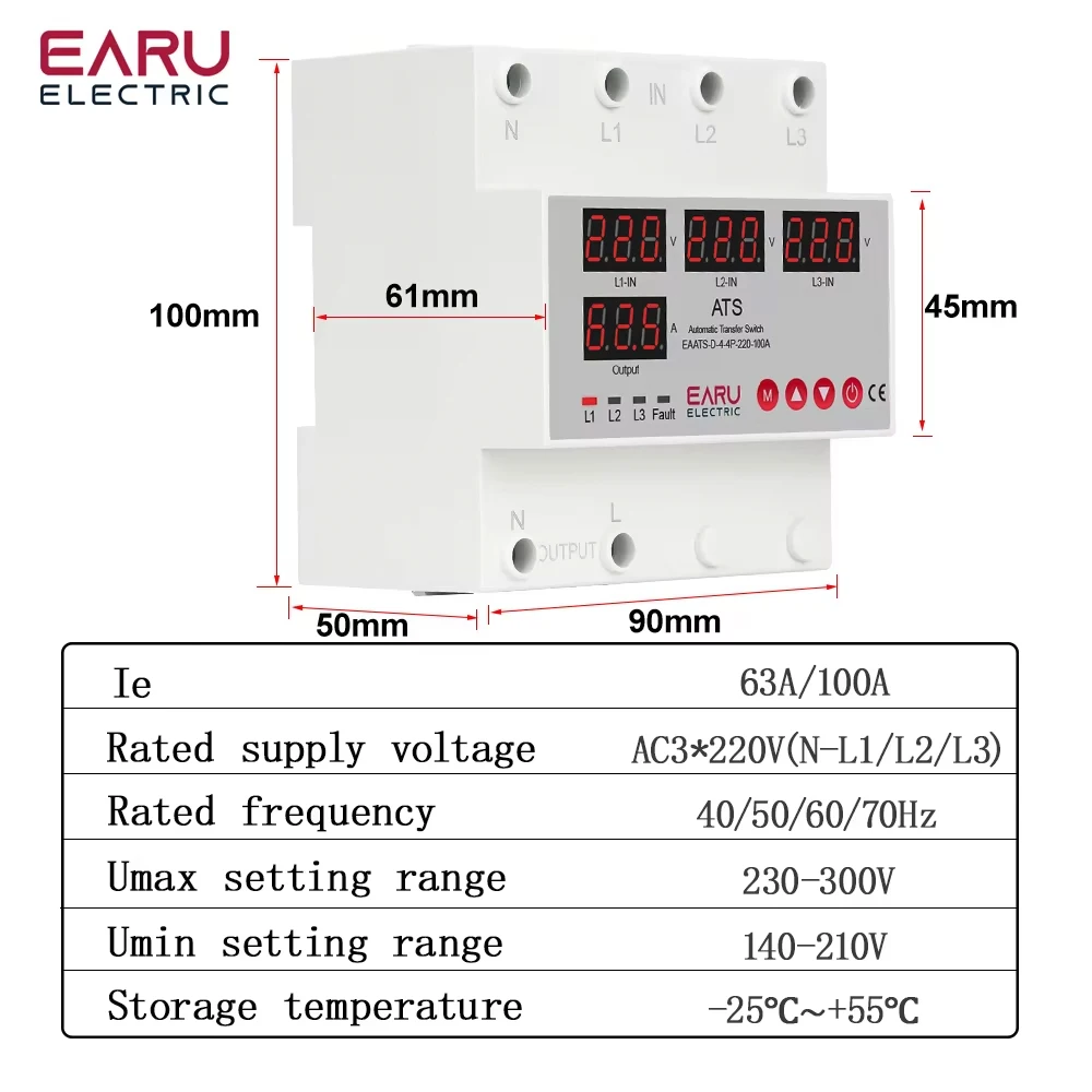 ATS Automatic Transfer Switch 100A 63A Over Current Limiter Adjustable Over And Under Voltage Time Lag Protection Uninterrupted