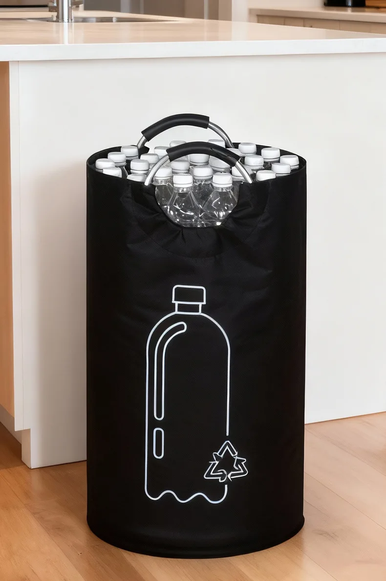 Thickened Foldable Recycling Storage Basket Large Capacity Empty Bottle Bag with Aluminum Handle for Kitchen Laundry Organizer