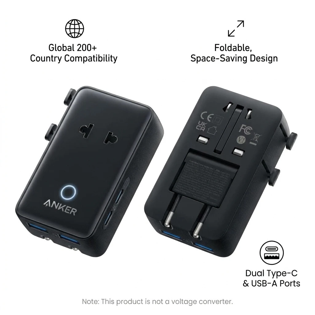 Anker Nano Travel Adapter 5-Port Power Adapter with 1× 2-Pin AC 2 USB A 2 USB C for 20W Smart Temperature Control A9215