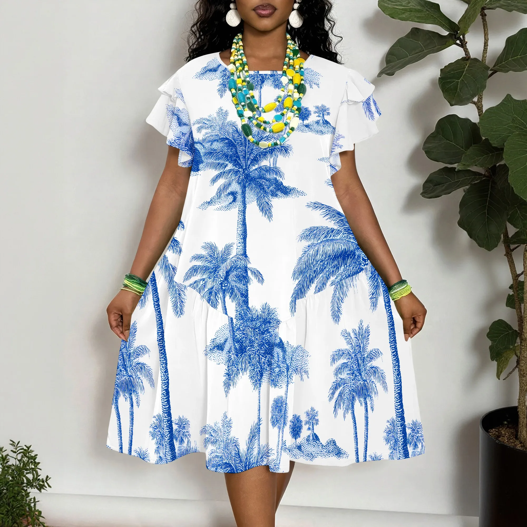 

Women's Plus Size Tropical Palm Tree Print Dress Short Sleeve Casual Summer Beach Maxi Dress XL-6XL