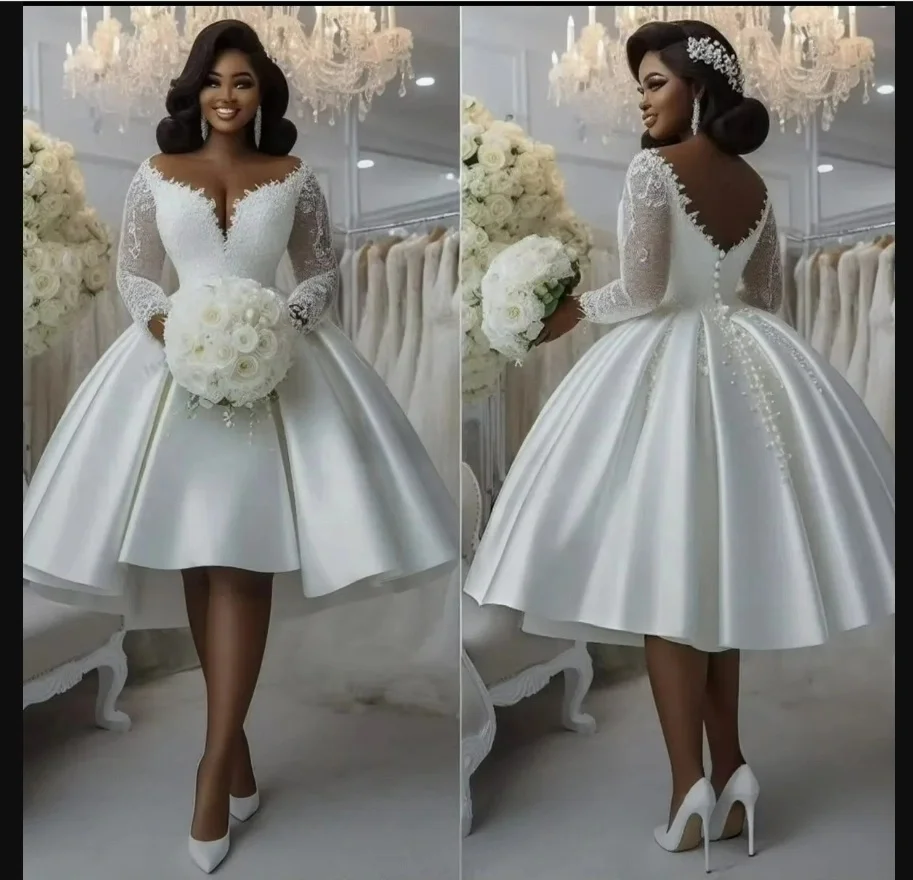 Gaun Pengantin Pendek dengan Aplikasi Renda di Leher, Model Ballgown, Lengan Panjang, Panjang Selutut, Vestidos De Novia