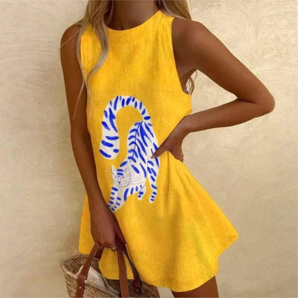 Summer New Round Neck Sleeveless Women's Shirt Dress Ocean Element Casual Mini Dress Fashion Sleeveless Beachdress Vestido Mujer