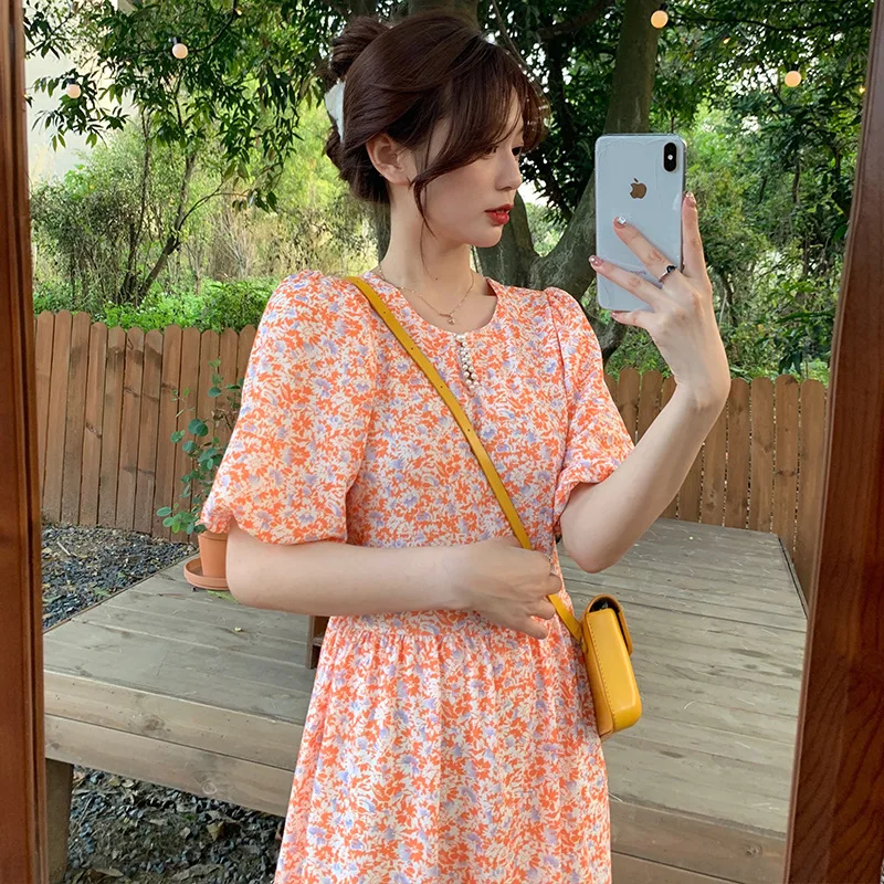 Floral Midi Dresses Women Loose Puff Sleeve Sweet Prairie Chic Casual Ulzzang Summer Girlish Tender Popular Streetwear Holiday