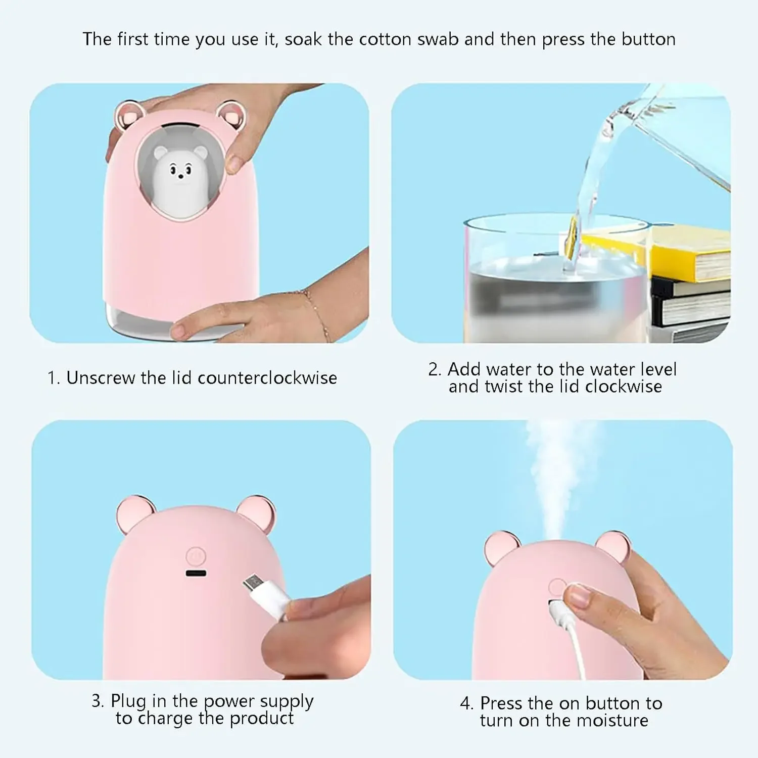 USB Humidifier Adjustable Mist Mode 300ml Water Tank Lasts Up to 10 Hours 7 Color LED Lights Changing Waterless Auto Shut-off