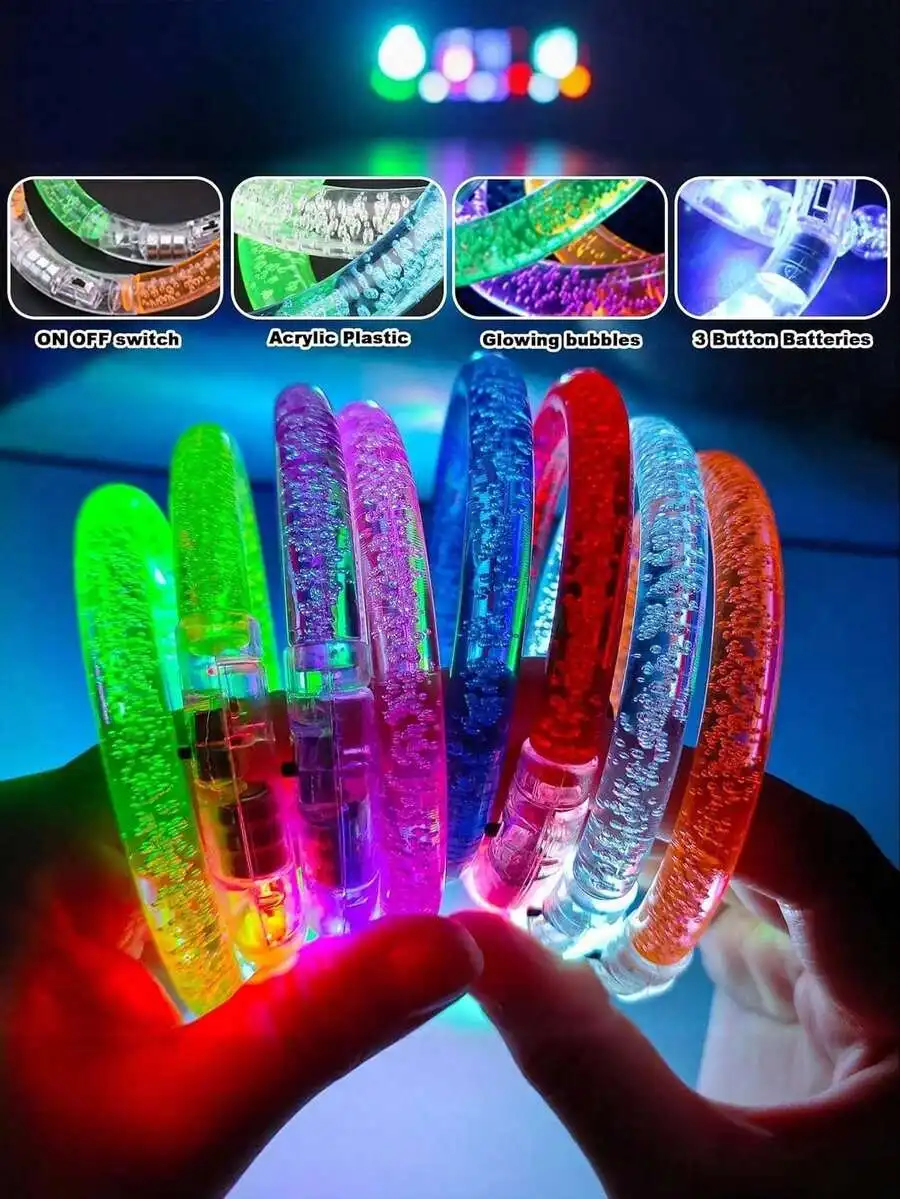 

30pcs LED Light Up Bracelets, 6-color glow-in-the-dark party accessories. Great non-candy gifts for Halloween, Christmas and birthdays. Perfect for weddings, carnivals, concerts, sports events, masquerades, bars and various gatherings.
