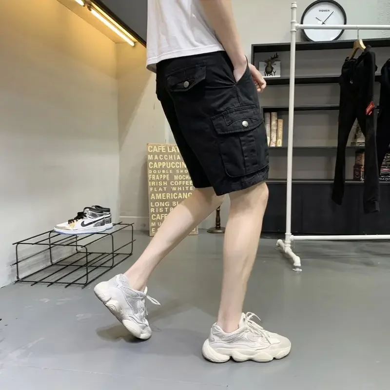 

Мужские шорты-карго, полудлинные черные мешковатые свободные мужские шорты, однотонные широкие бермуды с карманами, одежда, популярная повседневная летняя одежда