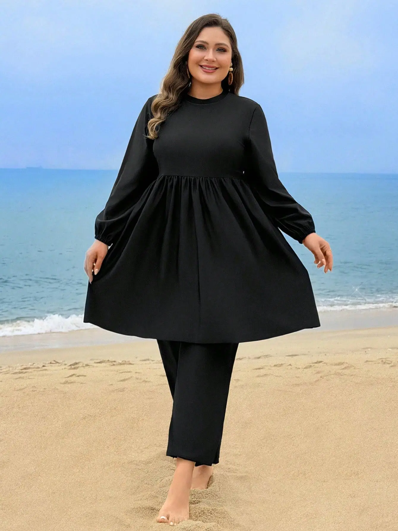 2pcs Plus Size Black Modest Burkini Swimsuit Long Sleeve Crew Neck Flowy Gathered Tunic and Full Length Straight Leg Pants