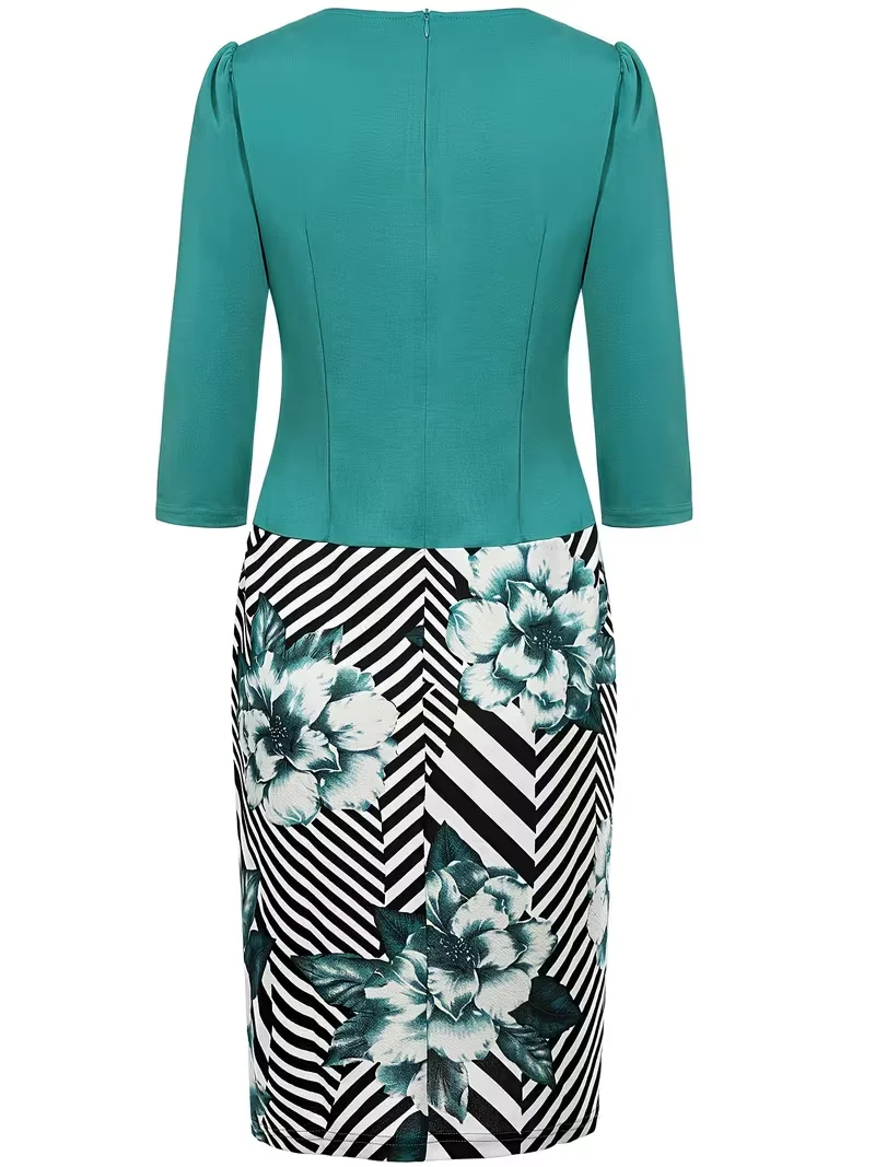 Übergröße Damen Elegantes Geometrisches Blumenmuster 3/4 Ärmel Kurzes Business Casual Bodycon Bleistiftkleid – Detail 2