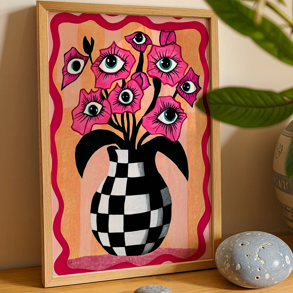 1pc Surreal Pop Art Canvas Painting, Pink Eye Flower Checkerboard Vase Weirdcore Aesthetic Wall Decor for Bedroom Dorm Unframed