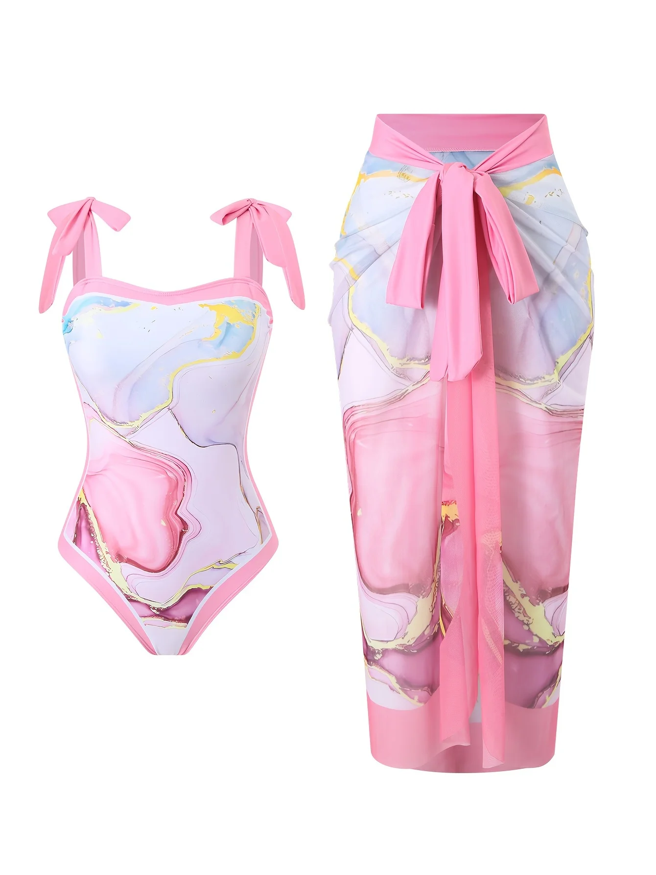 

Pink Marble Stripe Print Fantasy One-Piece Bow Strap Halter Mesh Wrap Women's Swimsuit Set