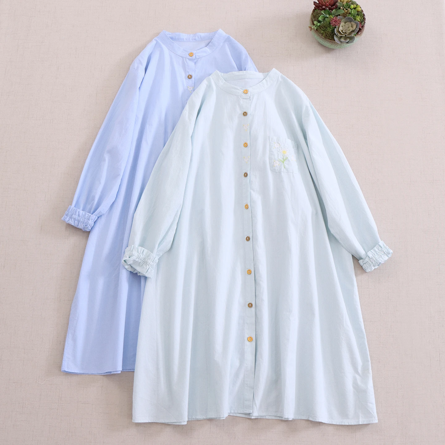 فستان قميص ياباني سويت موري جيرل عتيق مخطط مطرز بالزهور 100% قطن فستان نسائي بياقة واقفة وأكمام طويلة فساتين غير رسمية