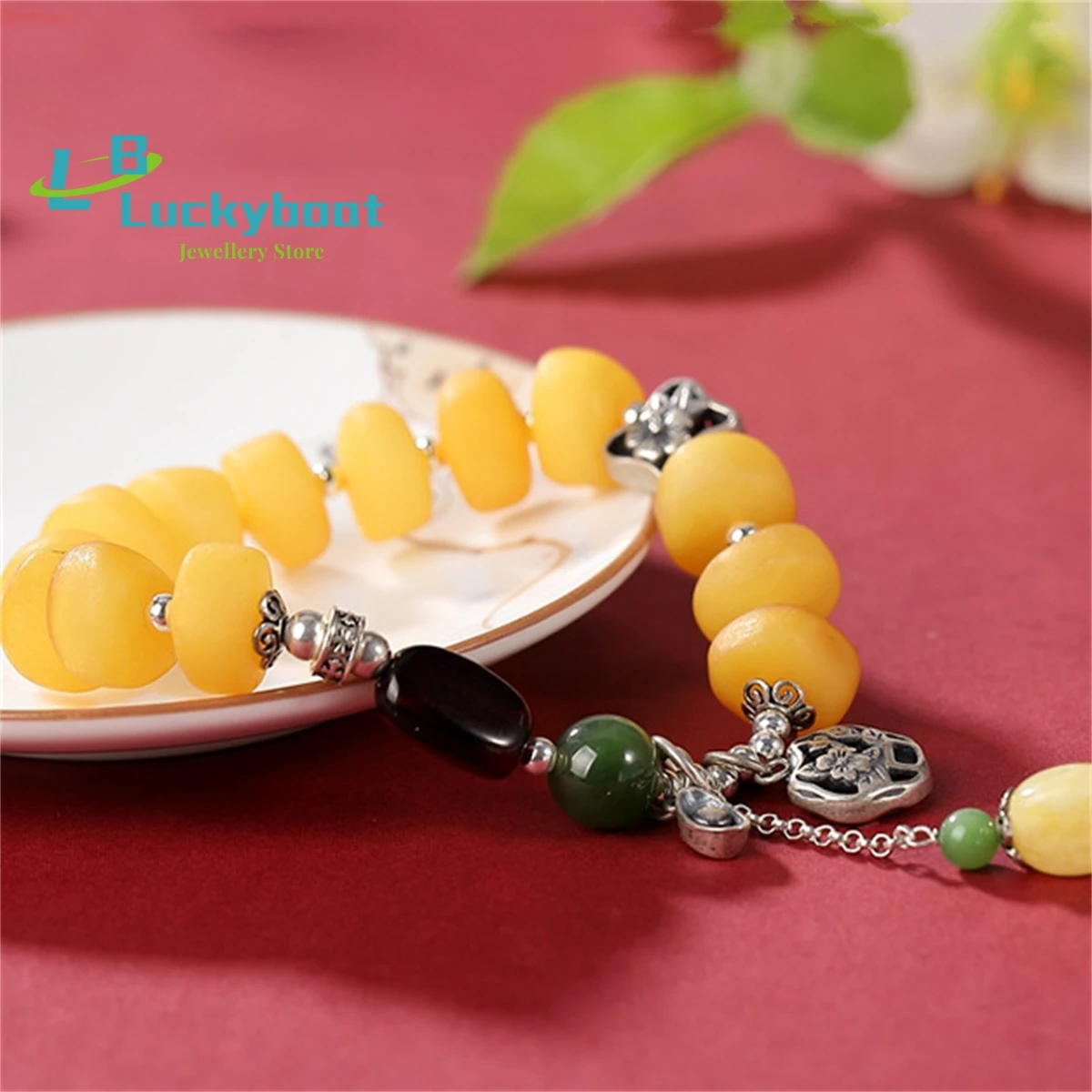 Natural S925 Silver Jasper Amber Honey Wax Plum Blossom Treasure Bracelet Simple and Elegant Personalized Fashion Versatile