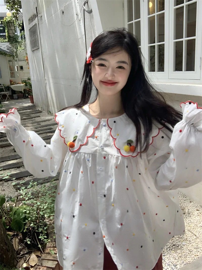 

Off Heavy Embroidery Cherry Doll Collar Loose Women's irt Korean Sle Sweet Loose Fit Long Sve Cotton Polyester