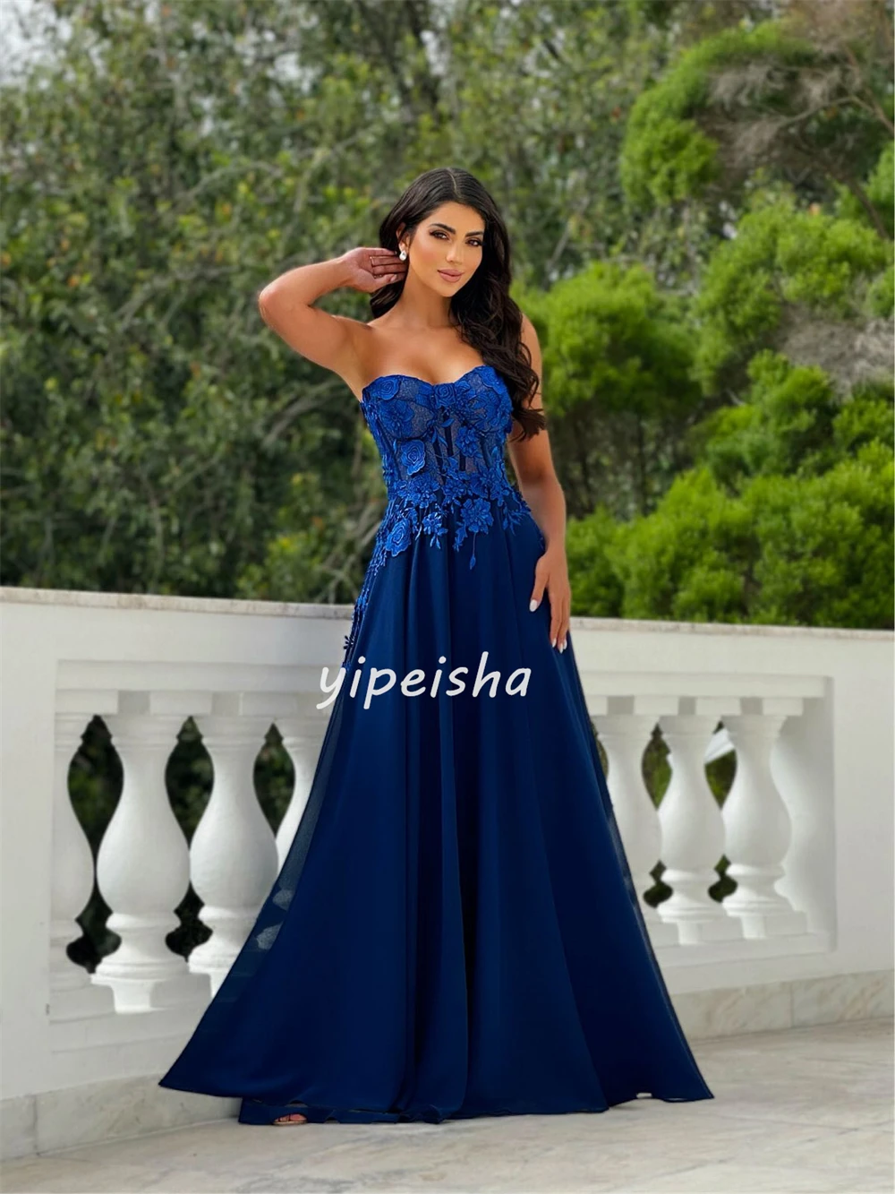 맞춤형 중국 스타일 복잡한 저지 아플리케 플리츠 A라인 스트랩리스 롱 드레스 맞춤형 행사 드레스 사이즈 가능