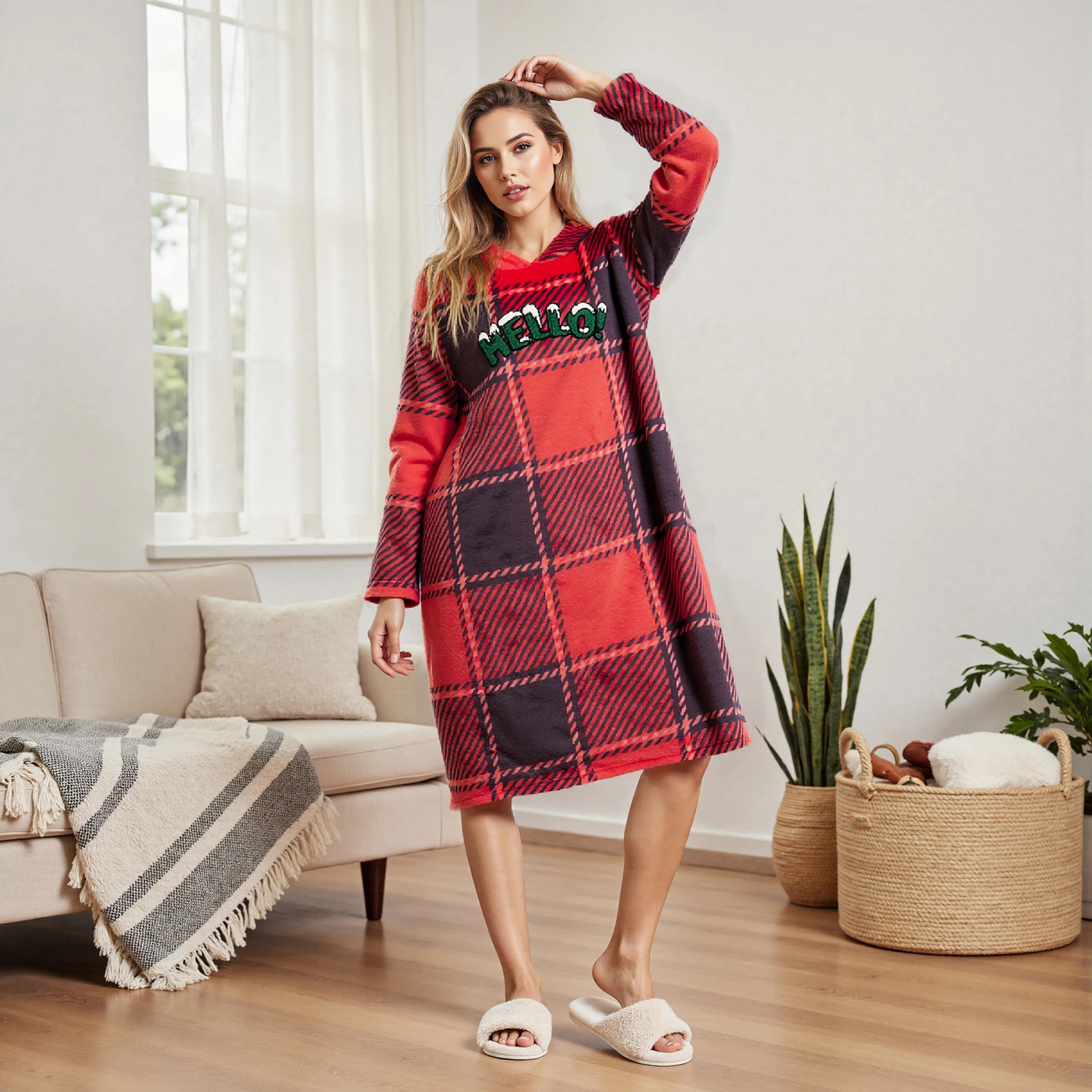 

2025 Winter Women Long Sleeve Hoodie Nightgowns Letter Embroidery Plaid Print Night Dress Lightweight Sleep Dress Cute Sleepwear