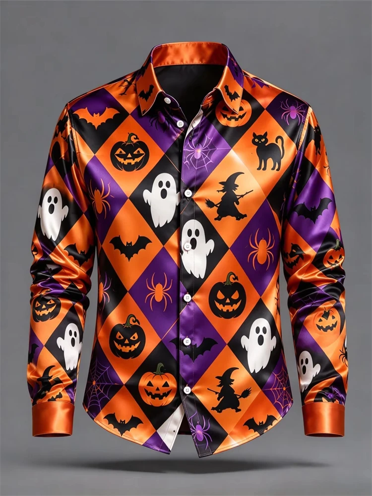 Men's New Autumn Halloween Long-Sleeve Button-Down Shirt Pumpkin Ghost Witch and Black Cat Print Trendy Holiday Party Top